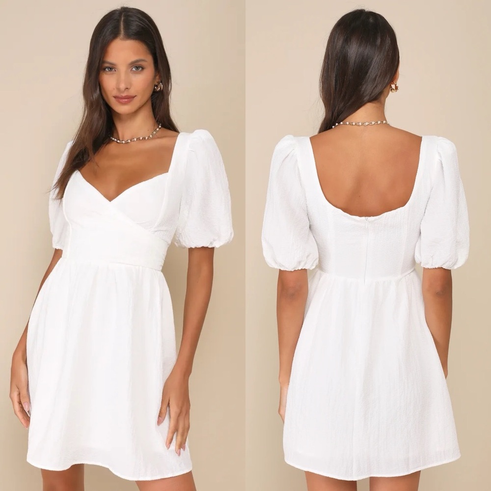 Lulus | Little Bit In Love White Surplice Puff Sleeve Mini Dress